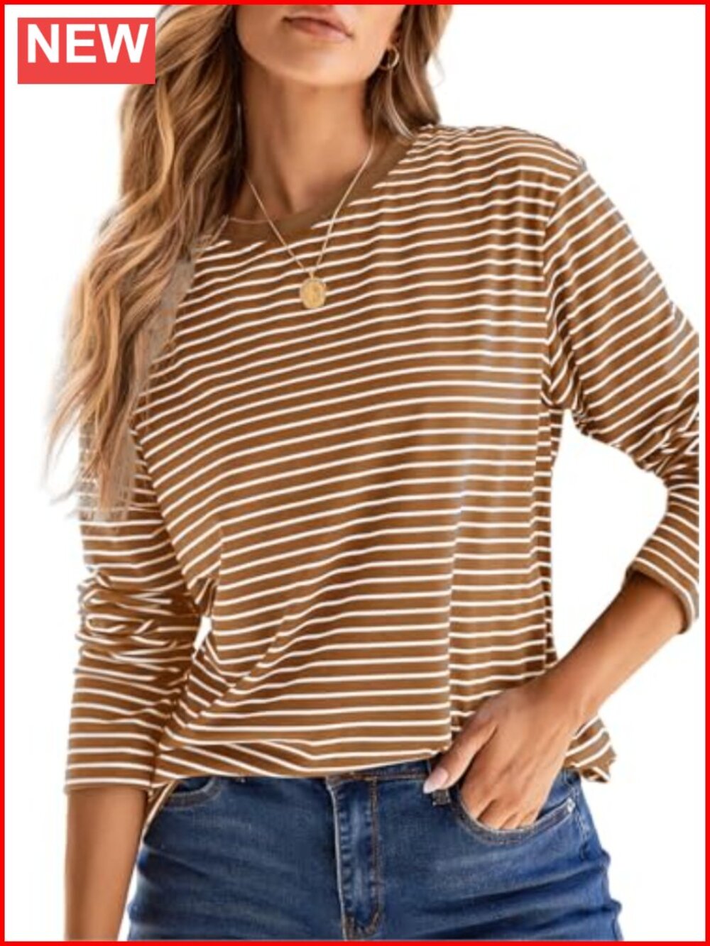 Womens Striped Long Sleeve T-Shirt Crew Neck Loose Fit Casual Top